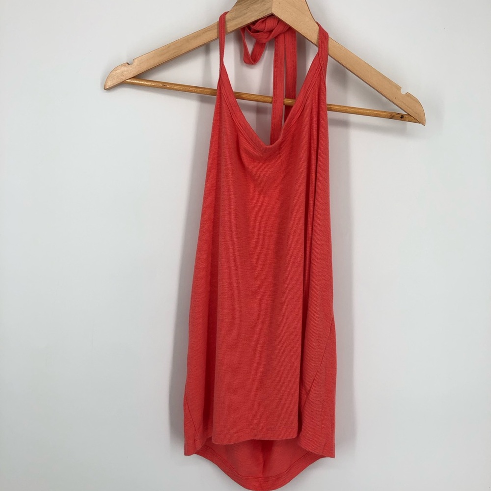 Aerie Womens Halter Top Size Large Coral Pink Stretchy Ribbed Peachy Coastal